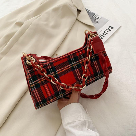 Check Lattice PU Leather Armpit Bag for Women Shoulder Handbags Lady Simple Elegant Baguette Bag