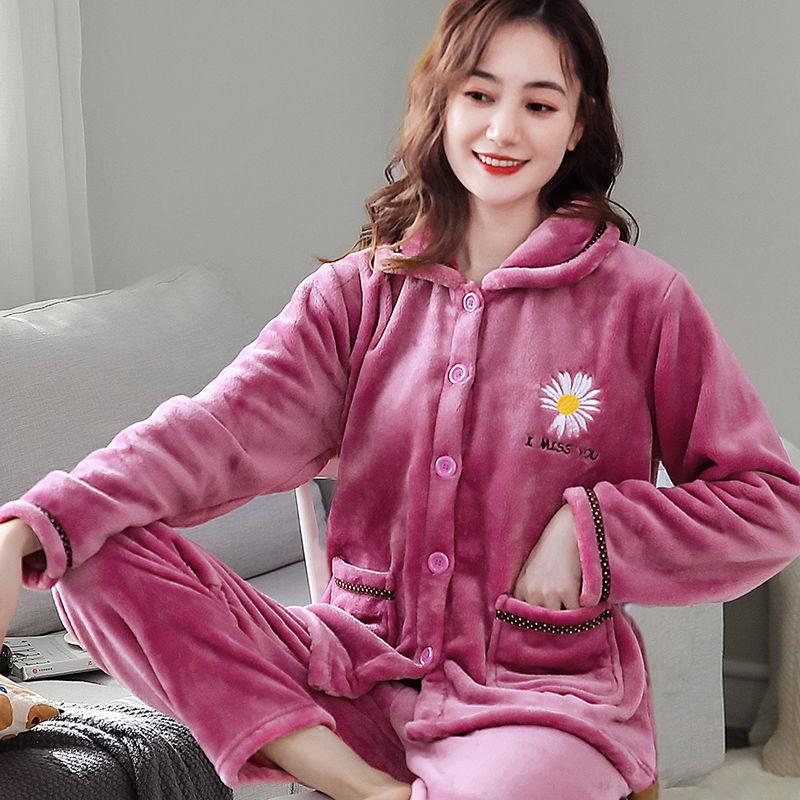 Pajamas Women's Coral Fleece Thickening Ladies Flannel Suit Long-sleeved Plus Size Winter Home Service Will Not Shed Hair and Will Not Fade