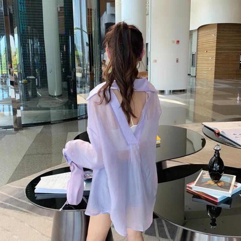 Women's Blouses Shirts Sun Protection Loose Outer Thin Beach Coat Backless Solid Shirts