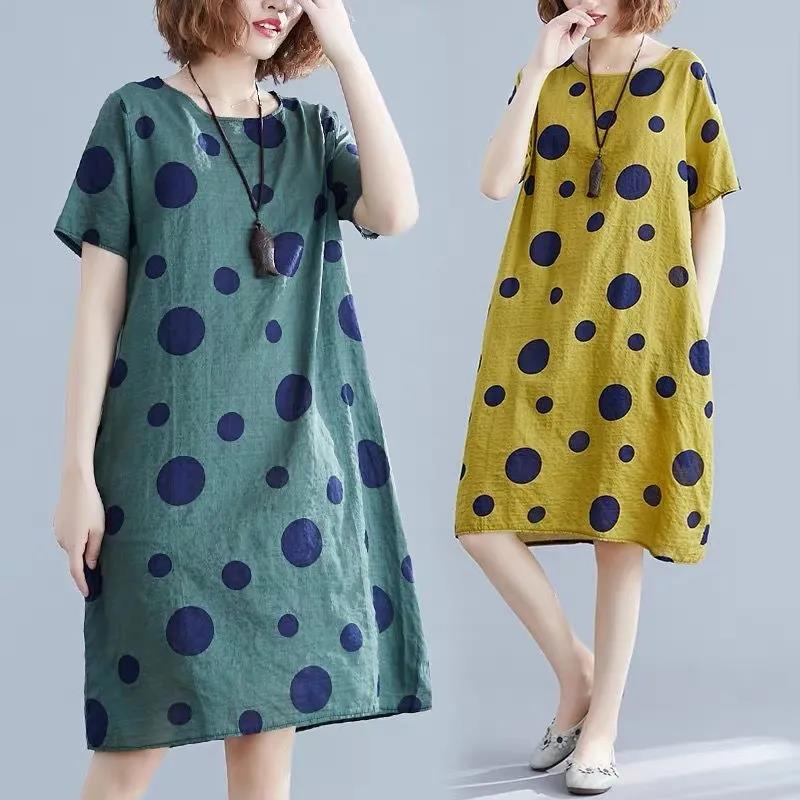 Dress Summer Short-sleeved Popular Printing Loose and Thin Slim Cover Belly Casual Plus Size Has Pockets DRESS
