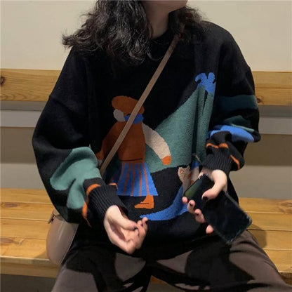 Pofulove Autumn Winter Drop Shoulder Sweater Women Fashion Korean Loose Jacquard Wild Sweater