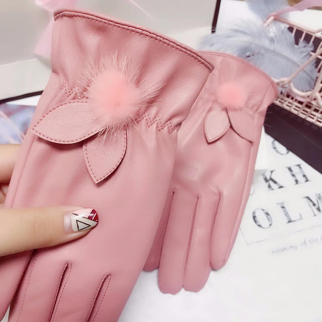 Mink Ball Leather Gloves Female Korean Version Cute Plus Velvet Warm Cold Waterproof Touch Screen Riding Driving