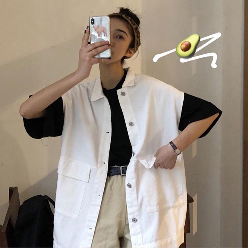 Turn-down Collar Solid Color Women's Vest Sleeveless Spring and Summer Loose Casual Buttons Coat Black White Waistcoat