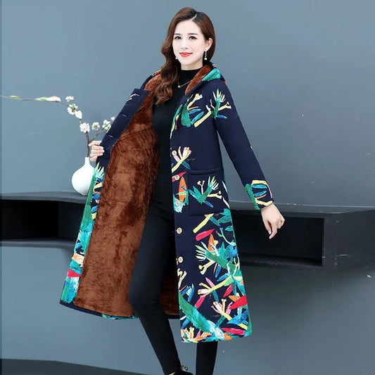 Winter Coat Plus Velvet Thickening Middle-aged and Elderly Women's Hooded Cotton Coat