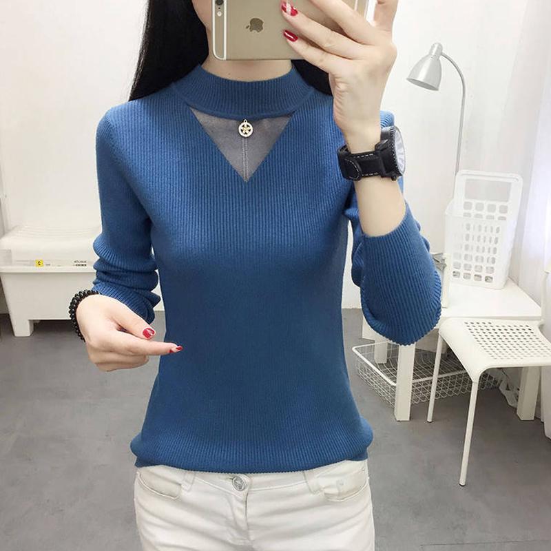 Pofulove Women Turtleneck Pullover Tops Slim Knit jumper Hollow Gauze Sweater Winter blue