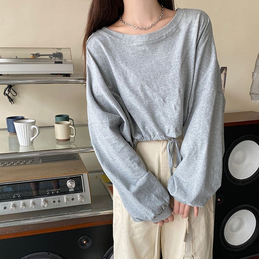 Spring Fall Women Harajuku Long Sleeve Bandage O-Neck T-Shirts  Casual  T Shirt Femme Black Tops Pullover