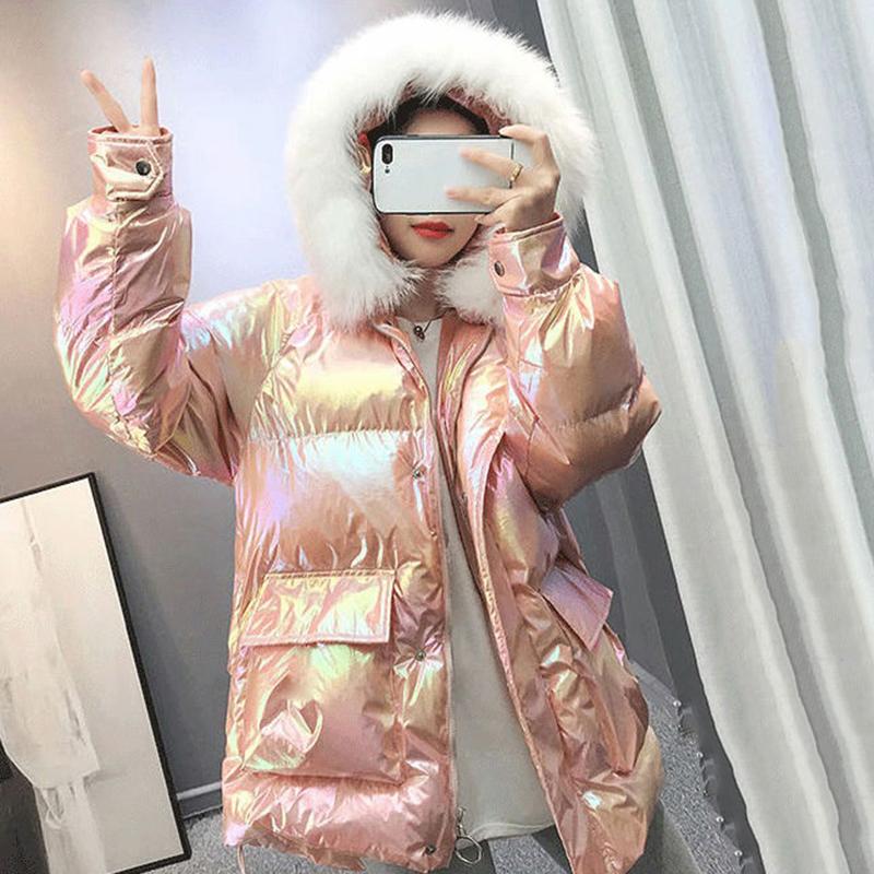 Women's Bright Face Hooded Down Jacket Mid-length Korean Loose Thick Coat Warm Cotton Coat Large Wool Collar Winter Quilted Coat