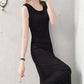 Women's Summer Simple and Elegant Sleeveless Floor Long Slim Black Vest with A-line Dress