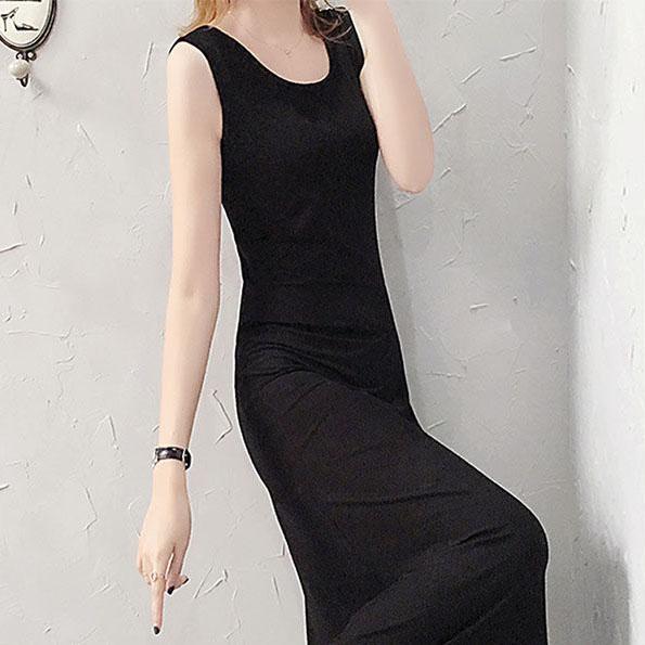 Women's Summer Simple and Elegant Sleeveless Floor Long Slim Black Vest with A-line Dress