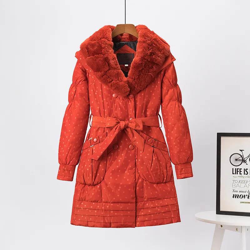 Real Rex Rabbit Fur Collar Hooded Mid-length Down Jacket Women Fashion Slim Belt White Duck Down Winter Jacket