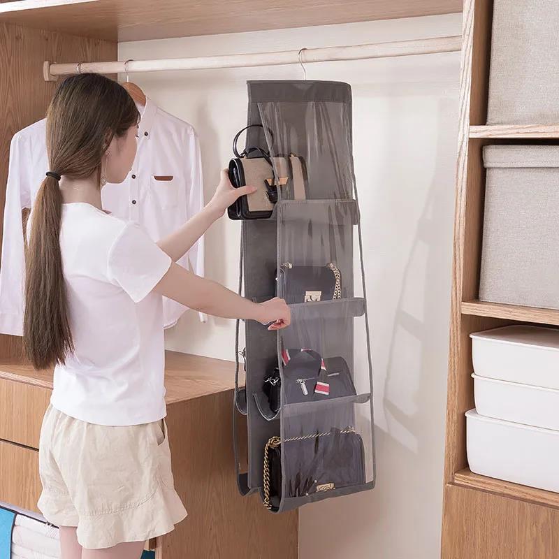 6 Pockets Bag Storage Bag Cloth Bag Thickening Purse Storage Dust Bag Hanging Wall Shelf Household Bag Finishing Collapsible Wardrobe Storage Handbag