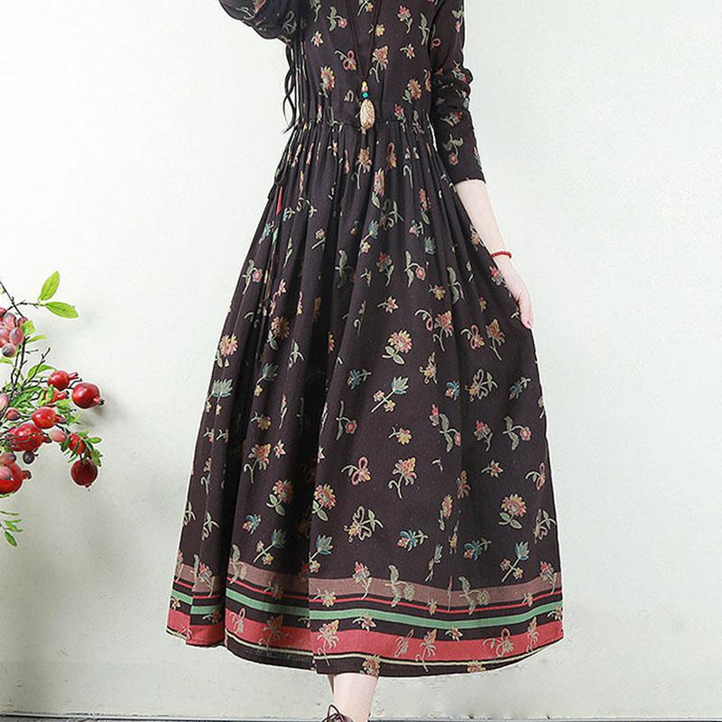 Hua Funi Retro Big Swing Cotton and Linen Women's Dress Spring Super Long Print Waist Temperament Long Skirt Loose Ethnic Style Dress