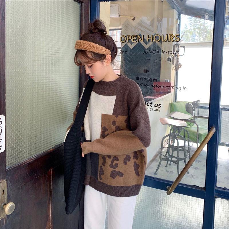Autumn Winter  Women Fashion Sweater Casual Knitting Sweater Leopard  Round Neck Pullovers Loose Casual Long Sleeve Sweater