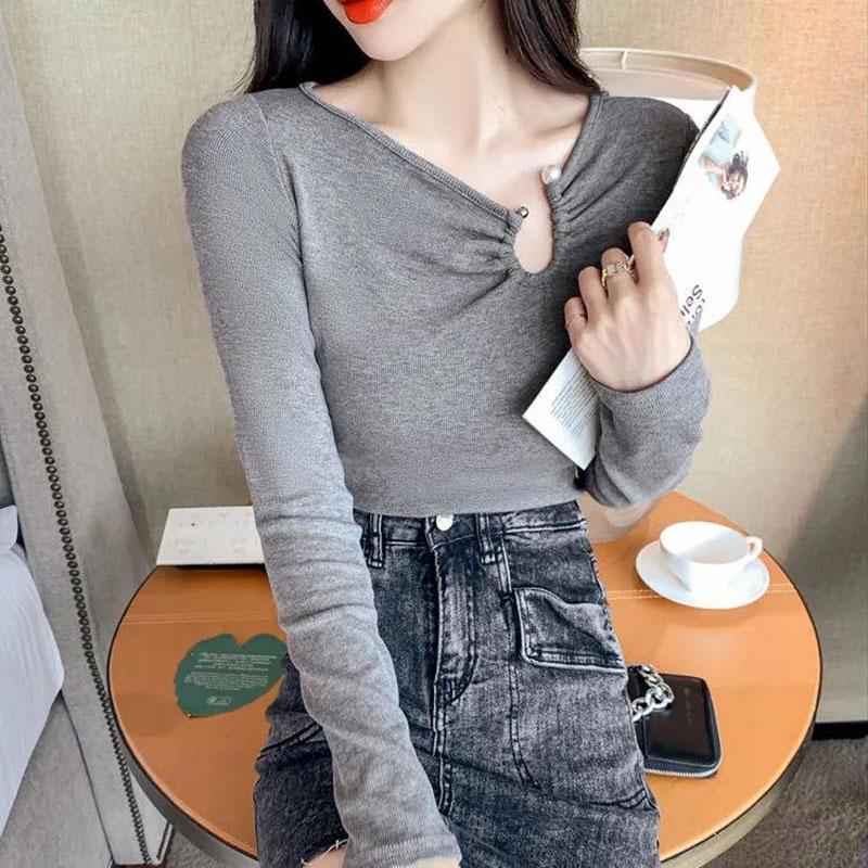 Women's Spring and Autumn Long Sleeve Top Solid Color Slim Fit All-match Bottoming Shirt