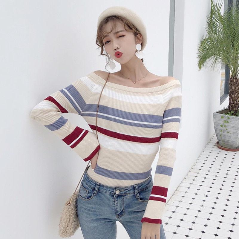 Knit Sweater Long Sleeve Shirt Female Striped Sweater Spring and Autumn One Shoulder Trumpet Sleeve