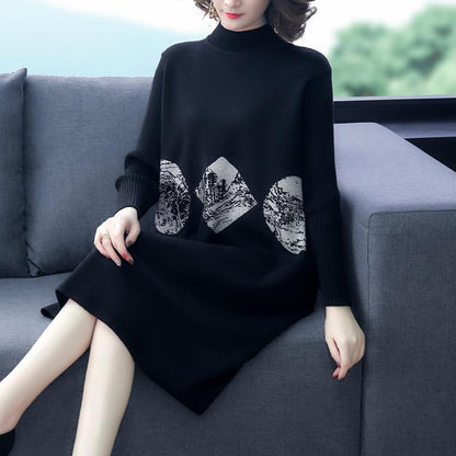 Autumn and Winter Plus Size Thick Sweater Half High Neck Loose Knit Top Mid-length Middle-aged Ladies Sweater Dress