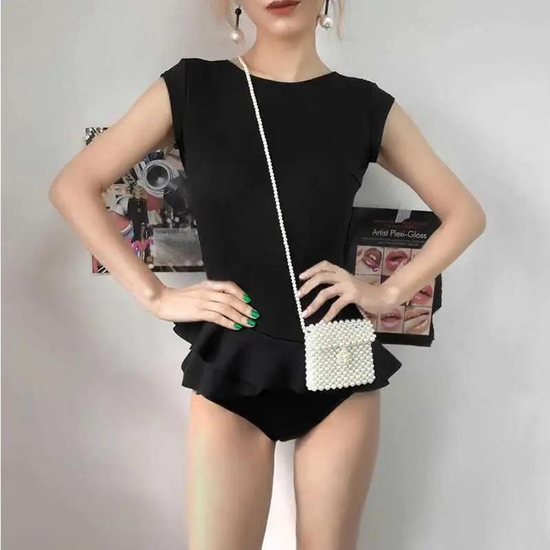 Korean Sexy Backless Triangle One-piece Swimsuit Women Cover Belly Slim Conservative Beach Swimsuit Sleeveless Irregular Hem Bikini Swimwear
