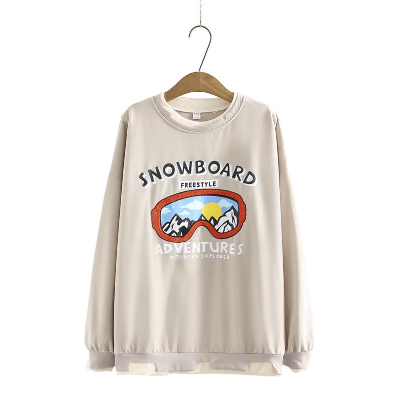 Plus Size Women's 2021 Autumn Thin Section Fake Two Piece Stitching Round Neck Sweater Fashion Printing Pullover