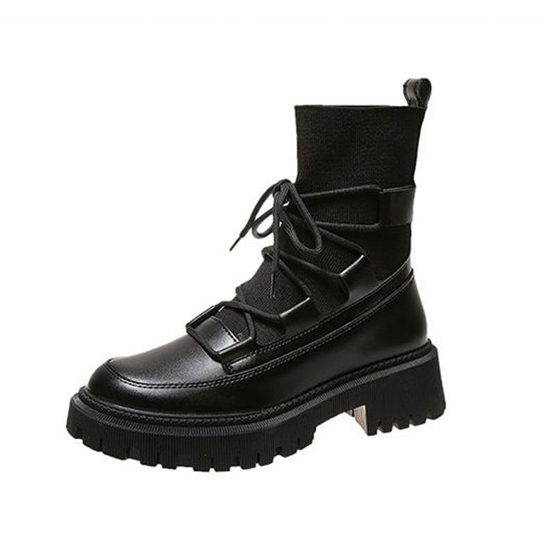 Autumn Winter Women's Boots Black White Ankle Boots Knit PU Leather Short Booties Woman Fall Shoes Punk Goth Shoes