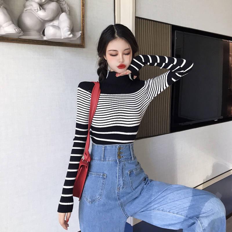 Pofulove Winter Fashion Women's Striped Long Sleeve Sweater Inner Net Red Sweatshirt Bottoming Shirt