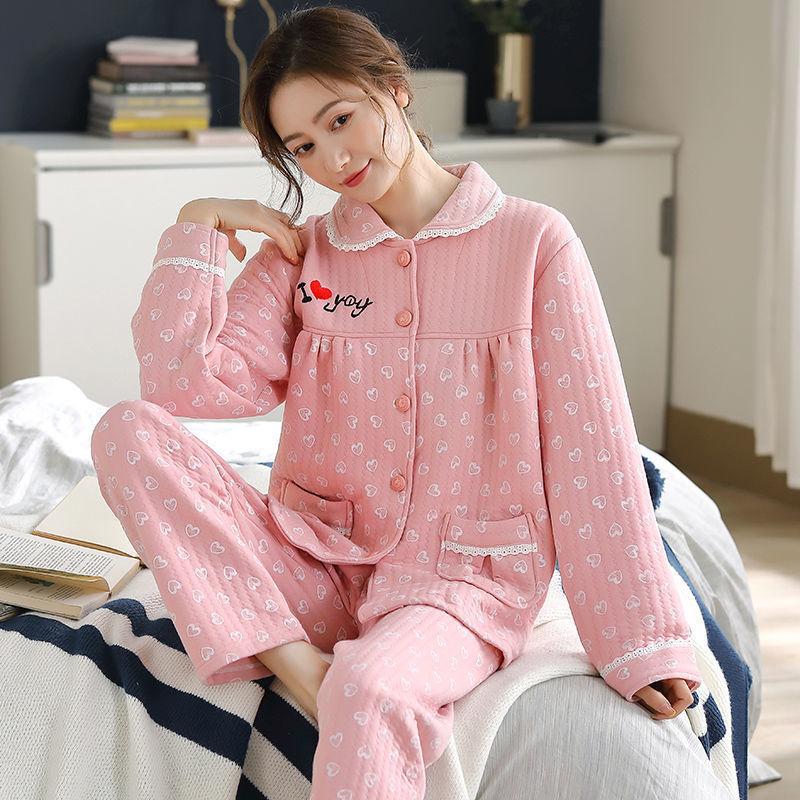 Pajamas Set Laminated Cotton Pajamas Women's Thin Quilted Thickened Large Size Air Cotton Warm Pajamas Home Service Suits Are Soft and Warm