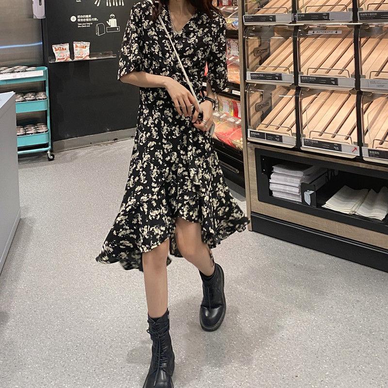French Retro Floral Skirt Summer Mid-length Skirt Temperament High-level Sense of Short-sleeved Dress Women