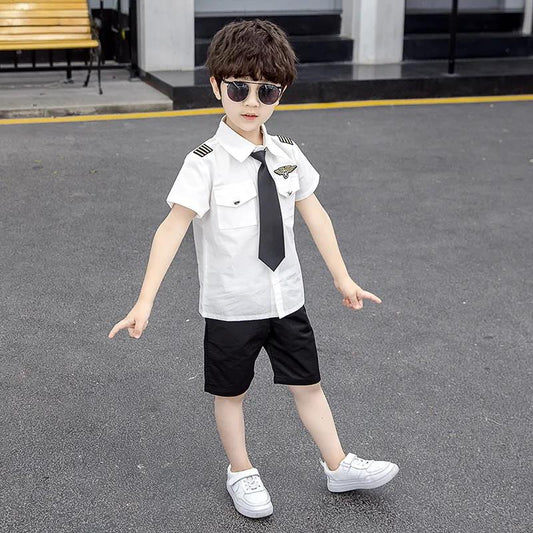 Boys' Summer Clothes Western Style Suits Male Baby Captain Clothes Short-sleeved Shirts Two-piece Performance Clothes