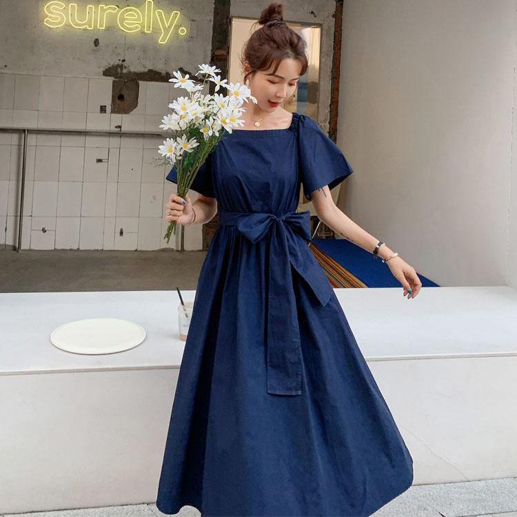 Female Plus Size Bubble Sleeve Elegant Holiday Dress Summer Vintage Big Bow Slim Vacation Dress