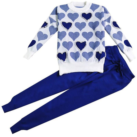 2pcs/set Love Printed Knitted 2 Peice Set Women  Beading Sweater Female Tops+pants 2piece Set  Casual Tracksuit