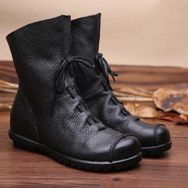 Handmade Pleated Martin Boots Cotton Boots Women's Leather Boots Top Layer Cowhide Comfortable Soft Sole Short Boots