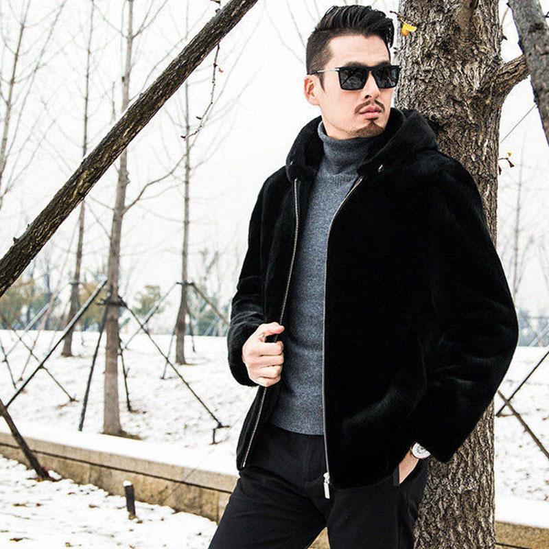 Mink Fur Coat Winter Fur Coat Imitation Mink Hooded Jacket Large Size Solid Color Casual Men's Jacket