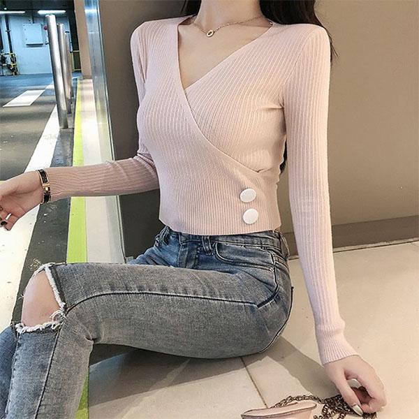 Spring and Autumn Long-sleeved Knit Bottoming Shirt Thin Cross V-neck Tight Top Women Short Sweater