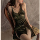 Women's Autumn Winter Sexy Pajamas Sest Gold Velvet Suspender Nightdress Robe High-quality Lace Slit Nightgowns Casual Solid Color Homewear