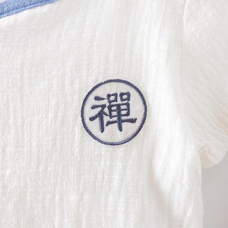 Children's Suit Summer Thin Boys Girls Loose T-shirt Shorts Two Piece Set Chinese Style Zen Pleated Button Ventilation