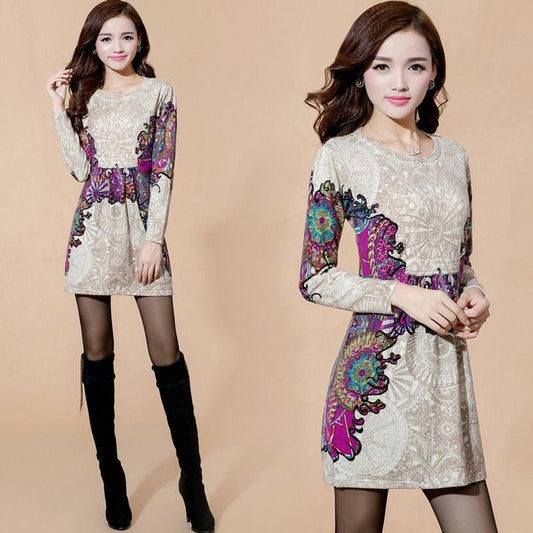 Women's Autumn Winter Sweater Dress Mid-length Printed Sweater Knitted Pullover Bottoming Sweater
