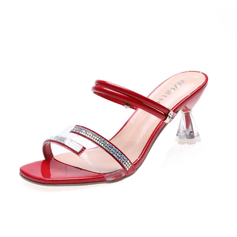 Plus Size 35-40 Women All-match Shiny Slippers Outdoor Diamond High Heels Bohemian Beach Wear-resistant Non-slip Slippers Transparent Sandals