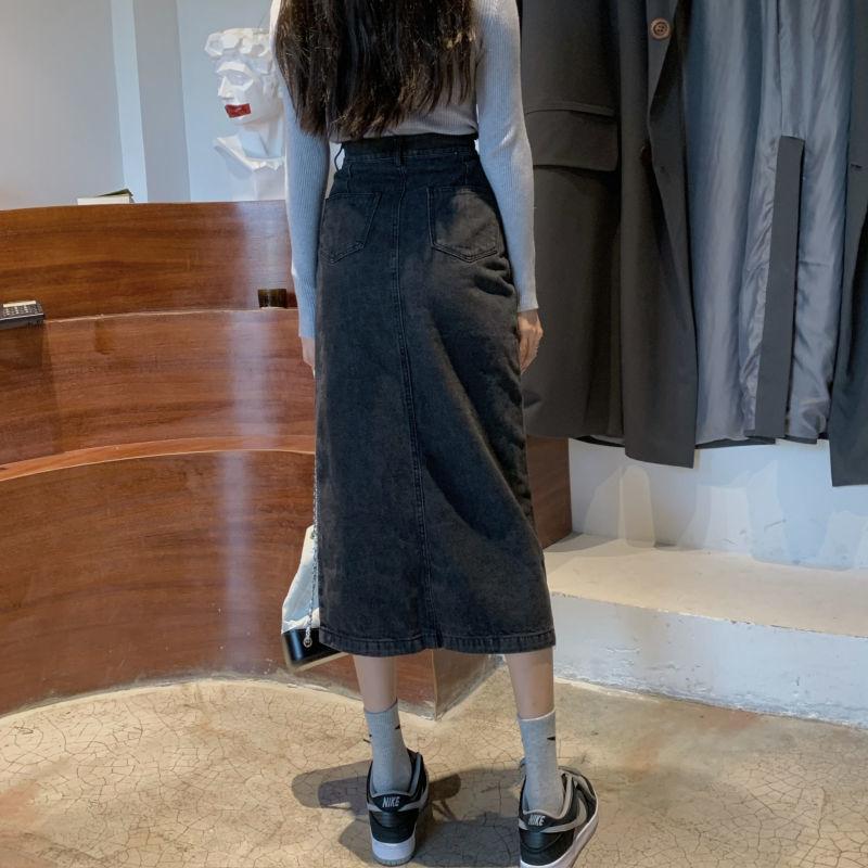 Women Sexy Sweet Solid Split Denim Skirt High Waist Over The Knee Hip Skirt Casual Club Home Office