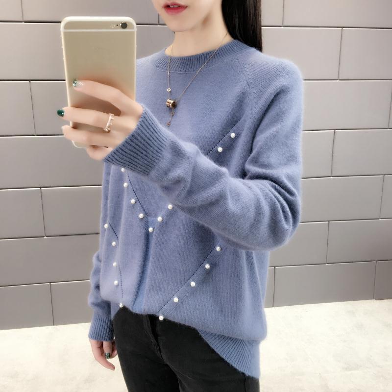 Autumn and Winter Loose Top with Round Neck Sweater All-match Beaded Female Bottoming Shirt