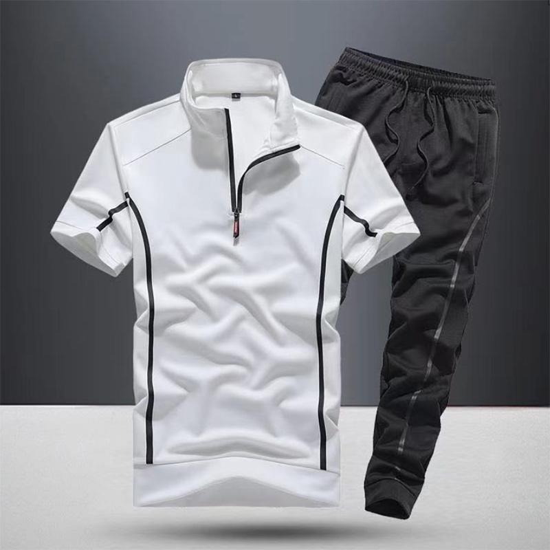Short-sleeved Suit Men's Summer Stand-up Collar Sportswear Youth Two-piece Solid Color Casual Business T-shirt