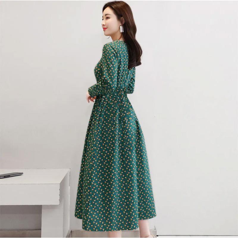 Cotton Long-sleeved Dress Women's Plus Size Women's Mother's Clothing Mid-length Slim Print Casual Long Skirt