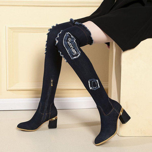 Denim stretch boots women's spring and autumn slim-fit knee-high boots high-heeled boots