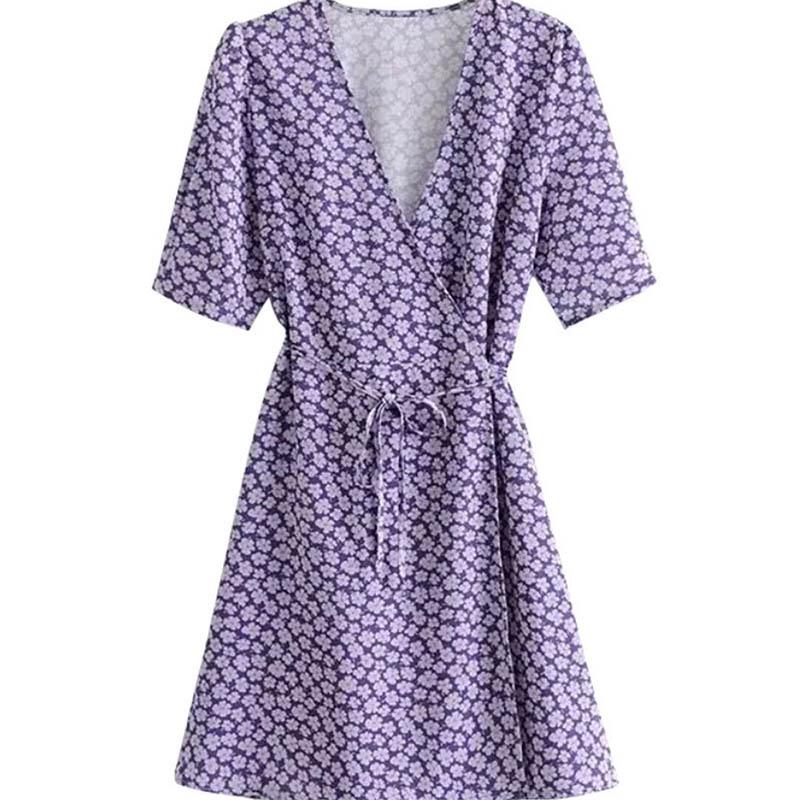 Dress Floral European and American Sexy and Slim V-neck Daisy Print Short-sleeved Fresh Dress