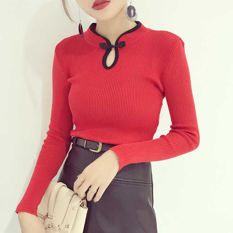 Winter China Style Traditional Buckle Bottom Sweater Retro Slim Knit Shirt Pullover Bodycon