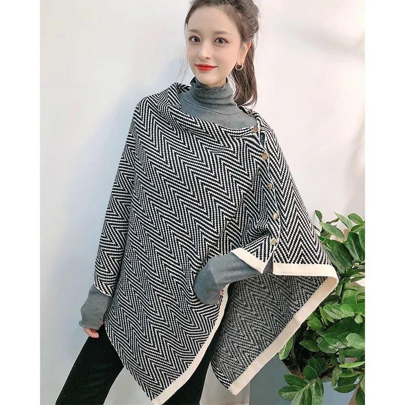 Ladies Shawl Cloak Scarf Autumn Winter Dual-use Irregular Striped Printting Scarf Shawl Korean Style All Match Buttons Keep Warm