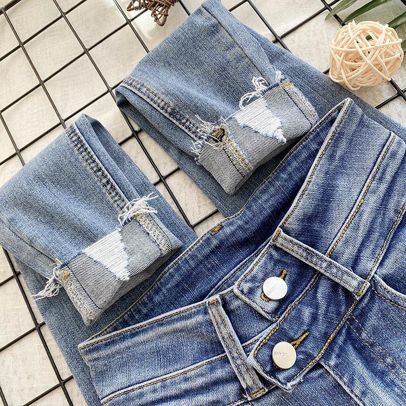 Women's Spring Jeans High-waisted Feet Tight-fitting Holes Look Thin Stretch Slim Pencil Pants Trend