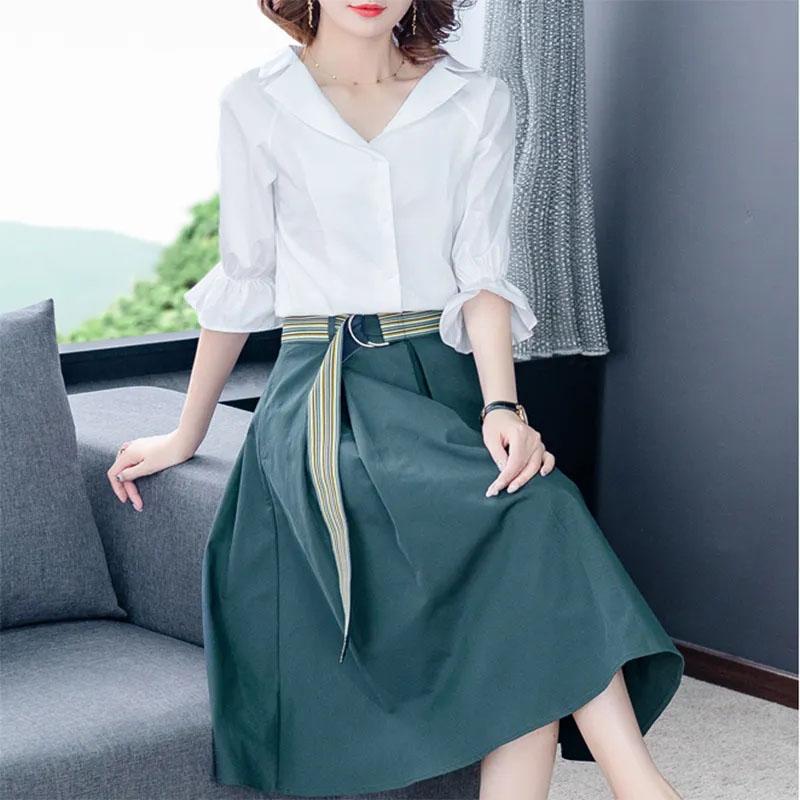 Cotton Shirt Skirt Suit Summer Simple Sweet Two-piece Set V-neck Lotus Leaf Sleeve Top Large Hem A-line Skirt Casual Skirt Suit Large Size