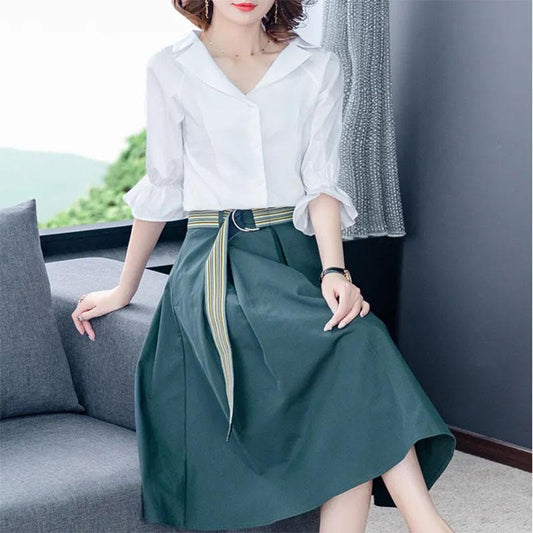 Cotton Shirt Skirt Suit Summer Simple Sweet Two-piece Set V-neck Lotus Leaf Sleeve Top Large Hem A-line Skirt Casual Skirt Suit Large Size