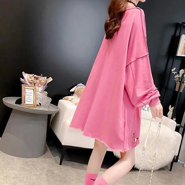 Mid-length Loose Plus Size Sweater Women Long-sleeved V-neck Ripped Tops Spring and Autumn Thin Bottoming Shirt