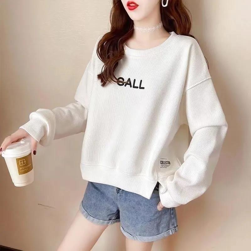 Women's Spring and Autumn Korean Style Waffle Sweater Loose Design Long Sleeve Short Large Size Top
