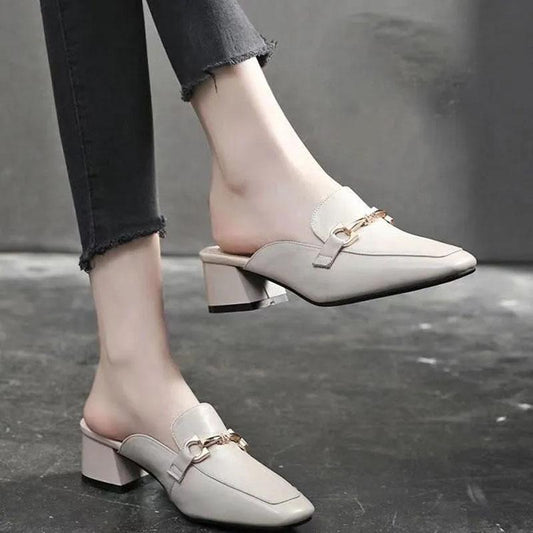 Leather Baotou Slippers Women's Mid-heel Summer New Fashion Net Infrared Wear Semi-trail Thick-heeled Single Shoes Work Shoes